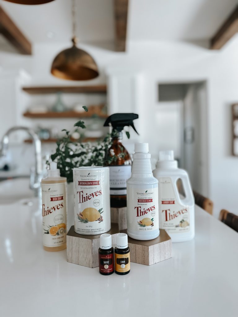 Collection of cleaning products on kitchen counter