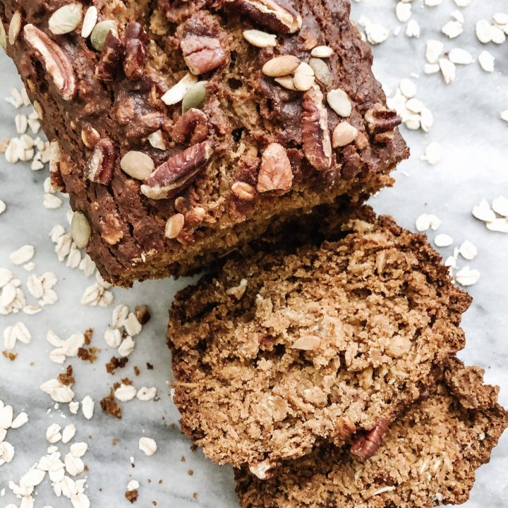 close up of banana bread cut into two pieces