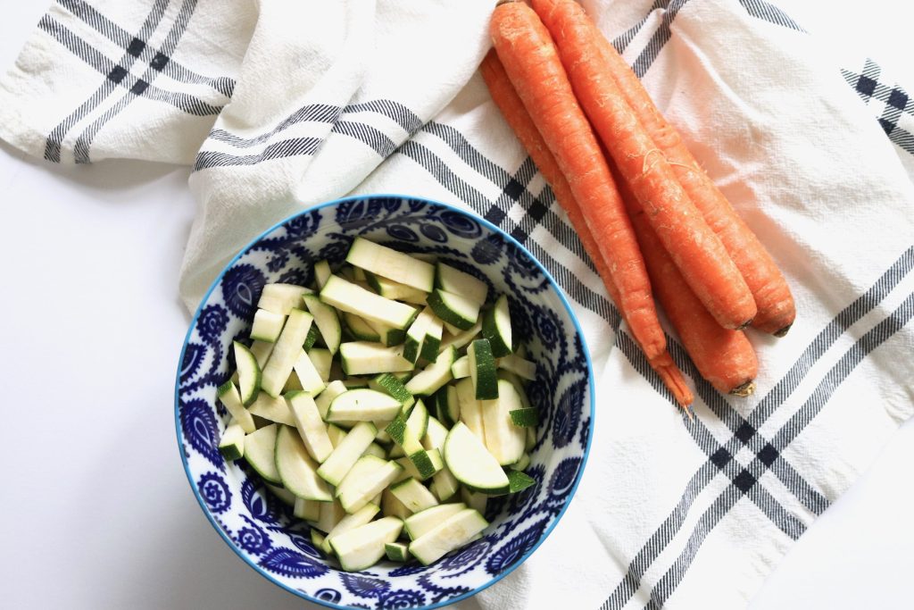 An image of a bowl full of chopped zucchini sitting next to a pile of 5 carrots.