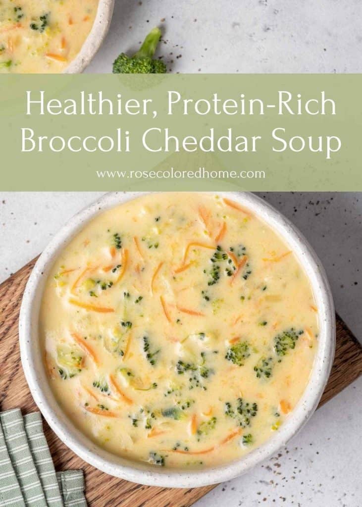 broccoli cheese soup on a wooden cutting board 