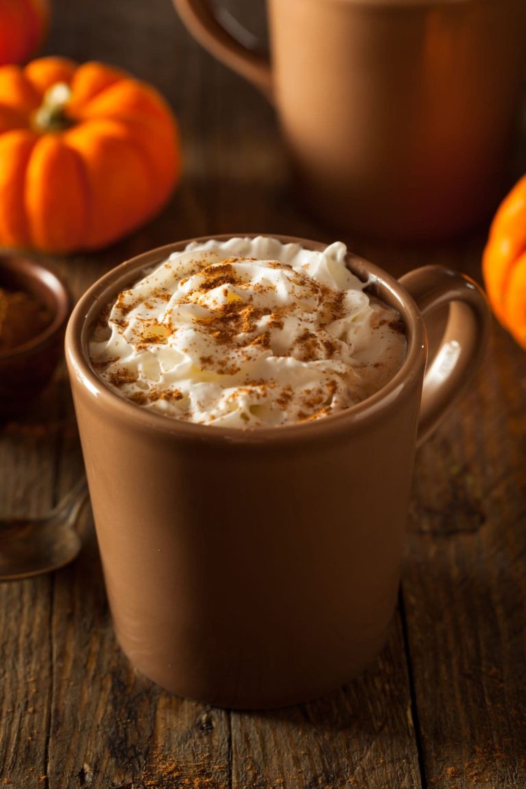 Close up of a delicious, warm pumpkin spice latte topped with whipped cream and cinnamon in a brown ceramic mug, sitting with small pumpkins and another mug on a wooden table