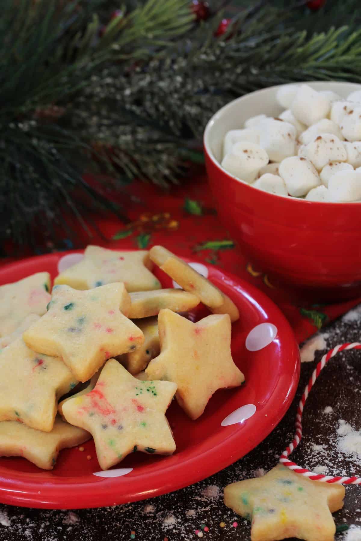 A red plate full of soft-batch, chewy sugar cookies cut into stars sitting on a wooden table with greenery, holly, and a bowl of marshmallows -- a cozy holiday scene!