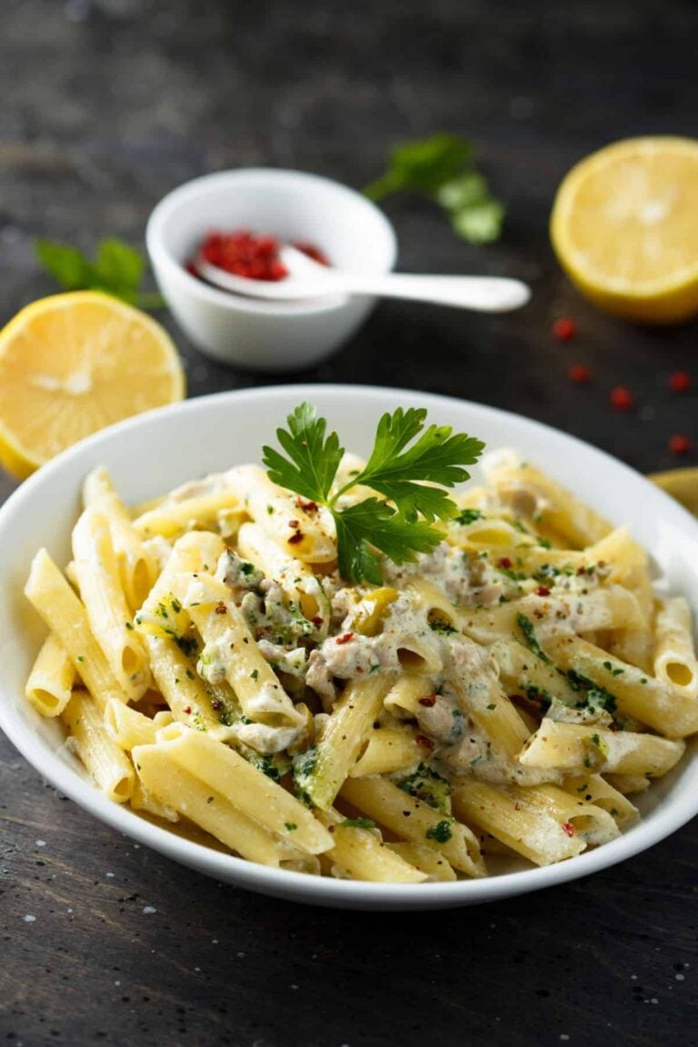 Copycat trader joe's lemon basil pasta salad recipe in a white bowl.