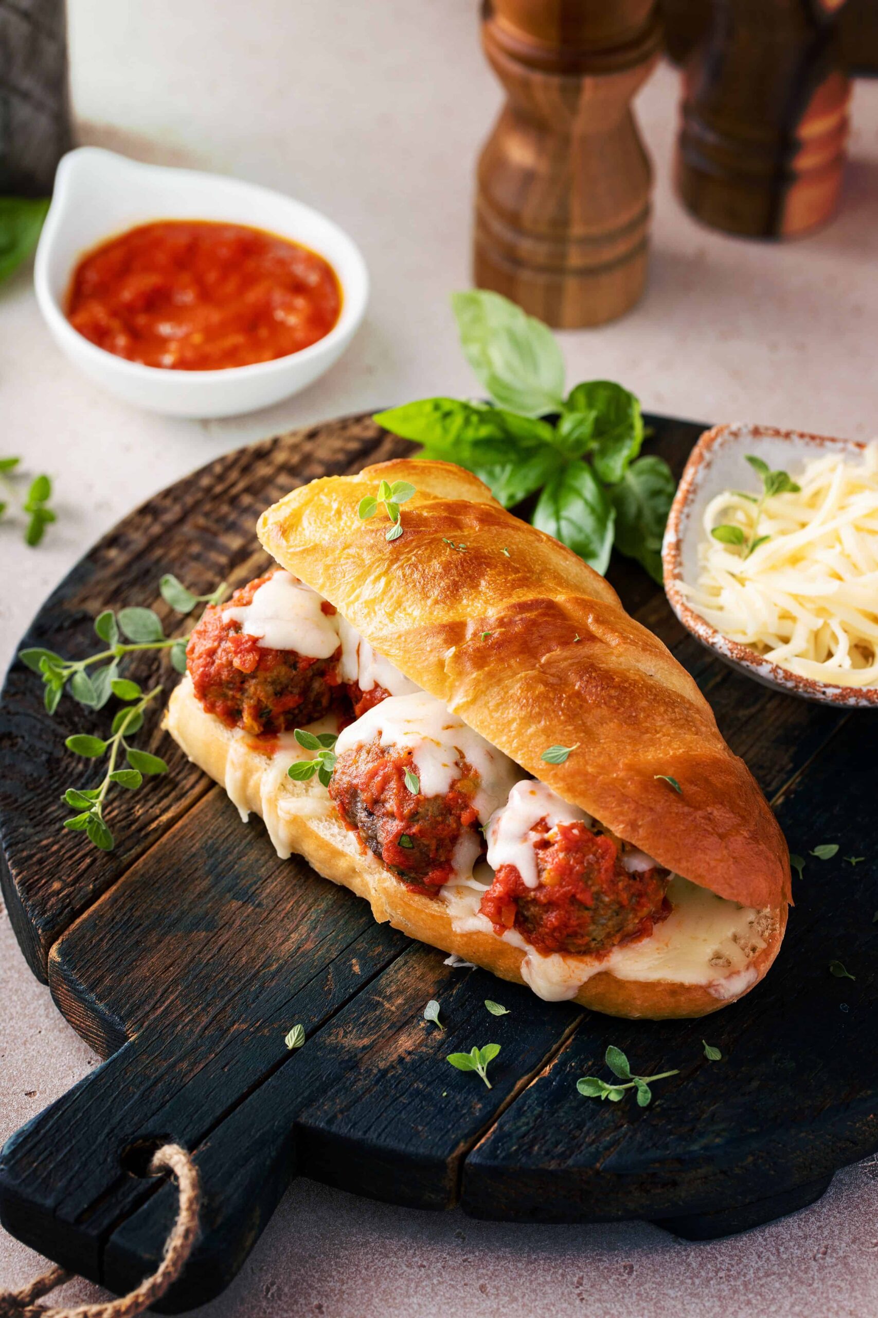 Meatball sub on a sourdough hoagie roll with cheese, basil, and tomato sauce on a wooden cutting board.