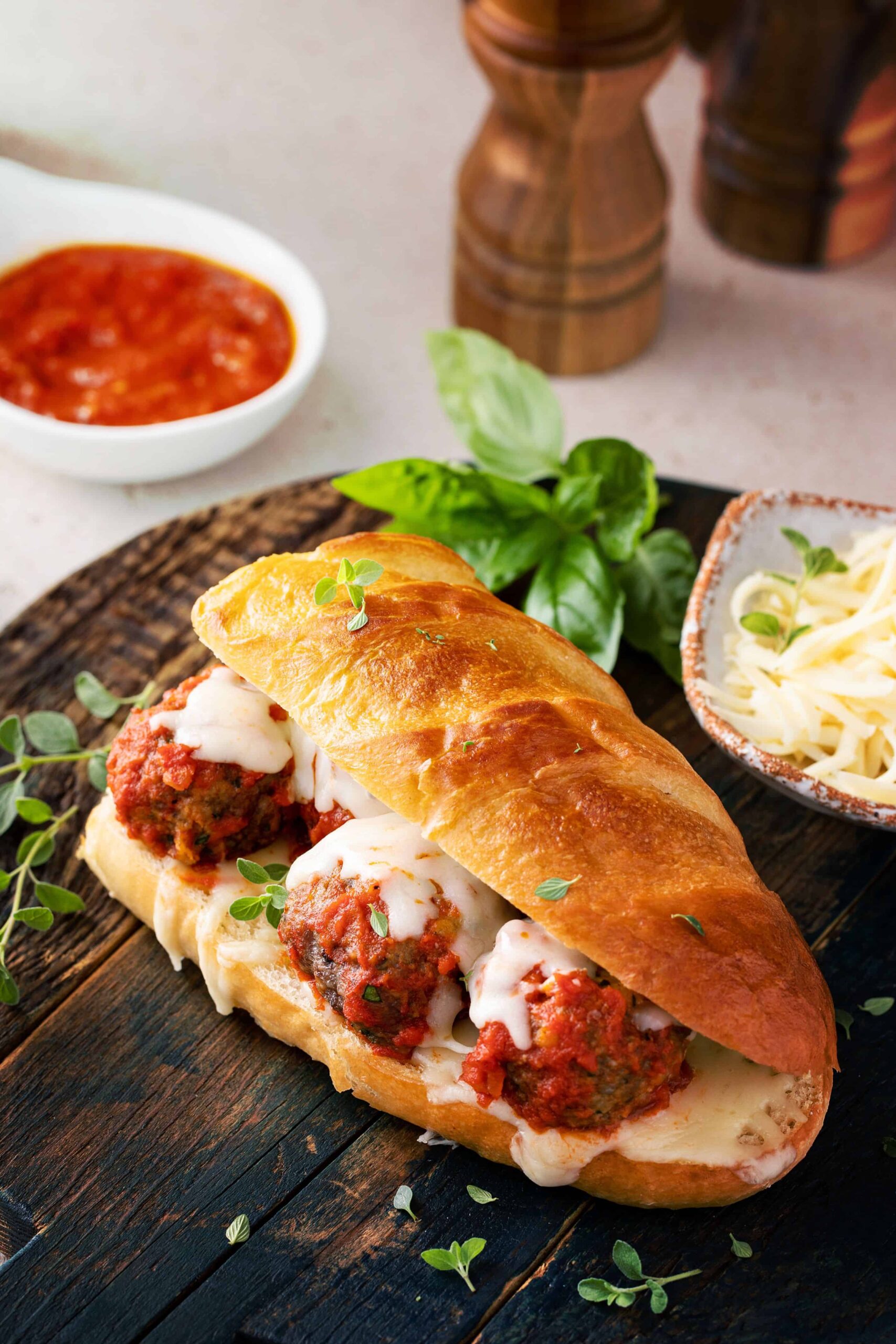 Meatball sub on a sourdough hoagie roll with cheese, basil, and tomato sauce on a wooden cutting board.