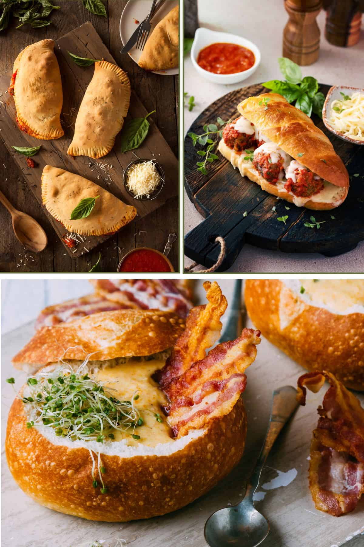 Collage of sourdough recipes not bread (calzone, hoagie roll, bread bowl)