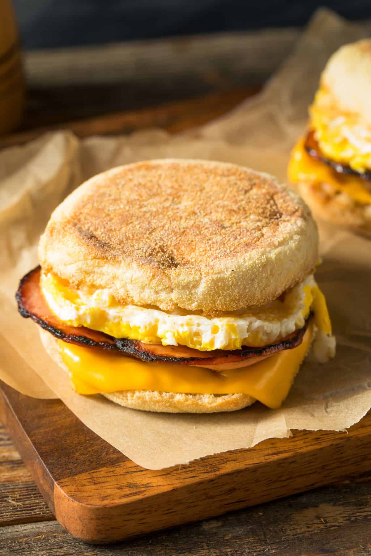 English muffin breakfast sandwich with eggs and cheese