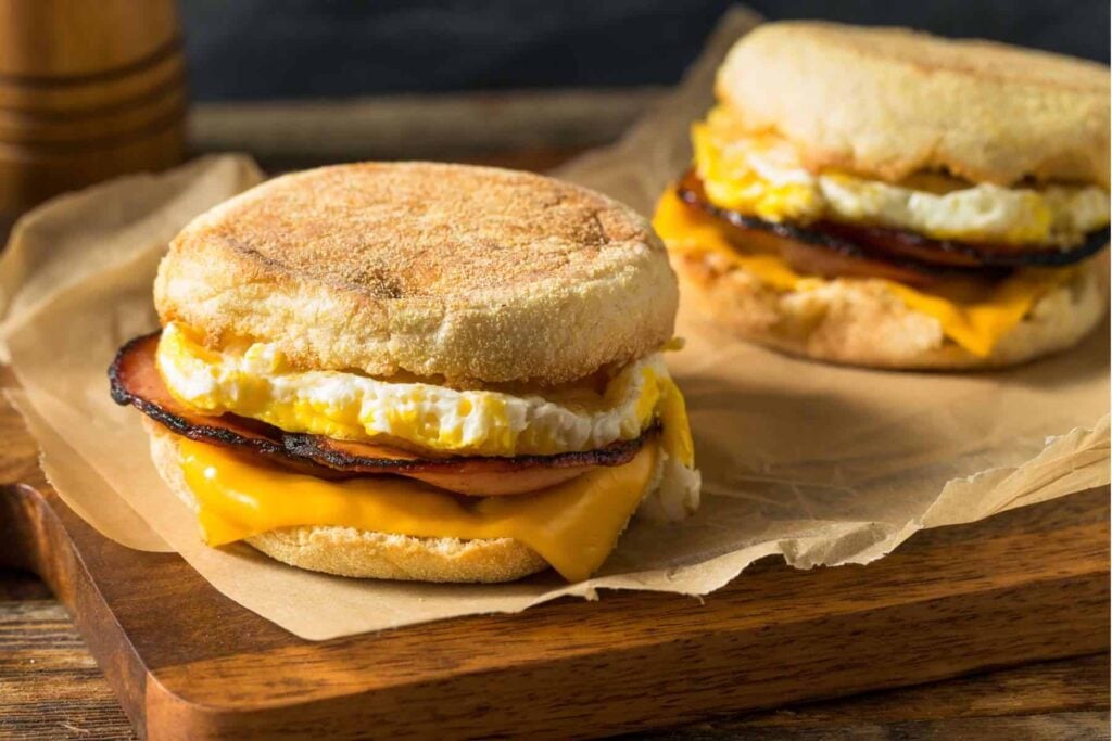 English muffin breakfast sandwich with eggs and cheese
