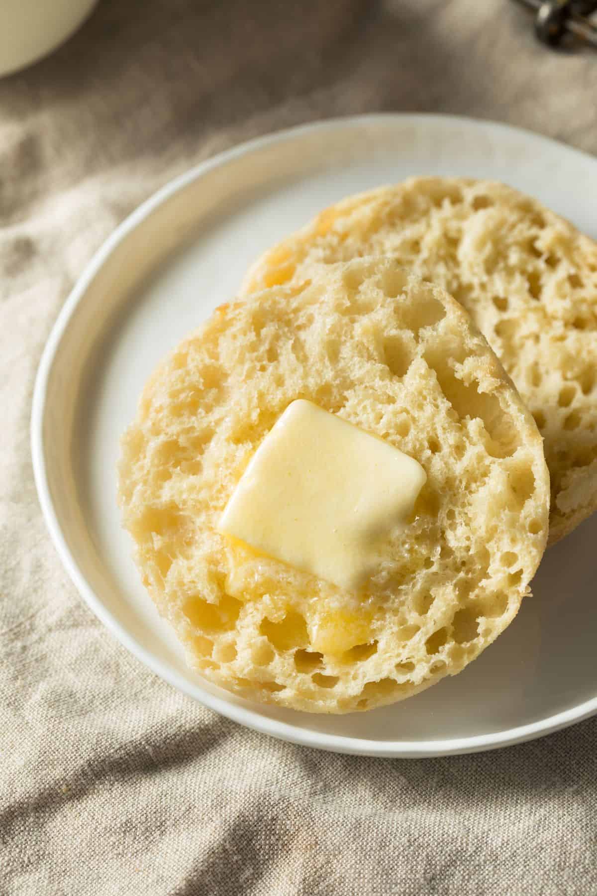 Close up of toasted english muffin made from fresh milled flour