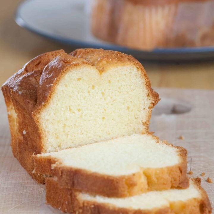 fresh milled flour pounds cake sliced on a cutting board