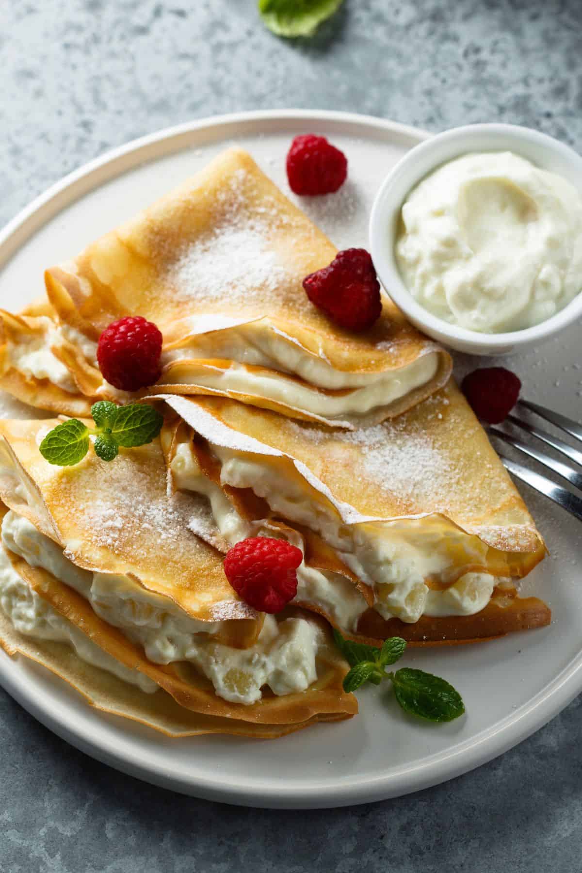 Sourdough crepes with marscapone and raspberries