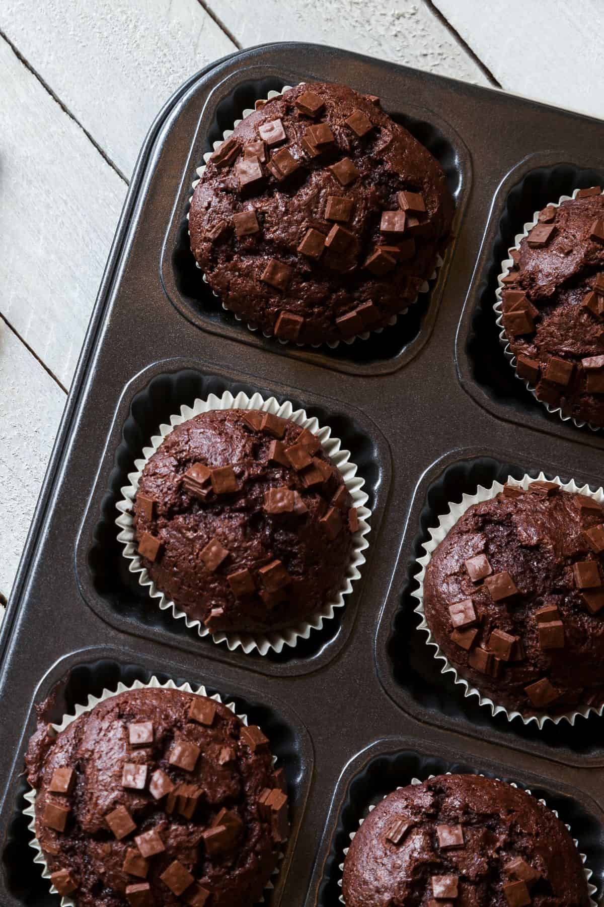 Close up of whole wheat chocolate zucchini muffins in a muffin tin.